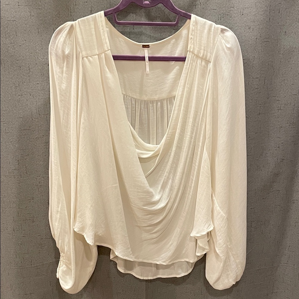 Free People Cream Draped Front Bishop Sleeves Women's Blouse Oversized Small - Picture 1 of 13